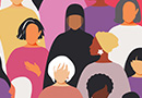 Colorful graphic of women of multiple races and ages mingling