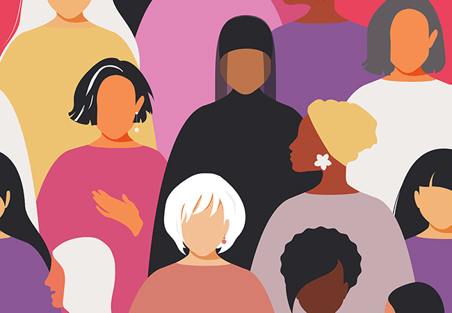 Colorful graphic of women of multiple races and ages mingling