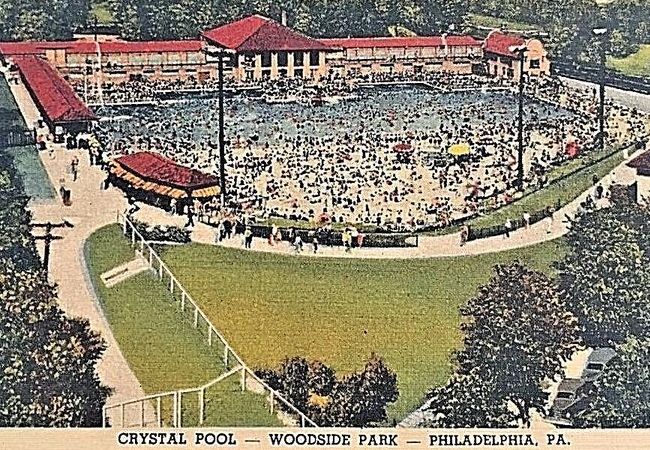 A vintage postcard featuring the Crystal Pool at Woodside Park amusement park in West Philadelphia.