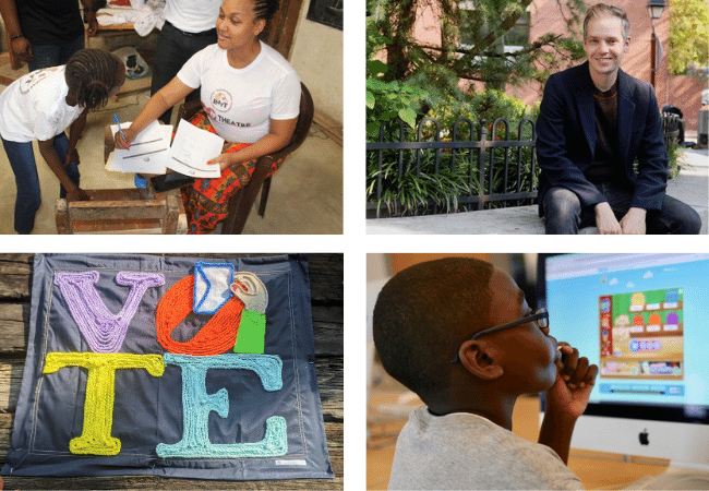 A collage of images, including a portrait of Michael Gottfried, a student at a laptop, a vote sign, and Jasmine Blanks Jones sitting with a child. 