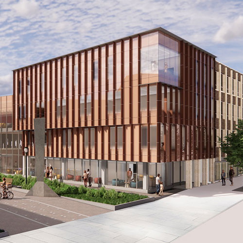 Rendering of the 3700 Walnut Street building with a four-story addition of wood and glass. The addition extends the building out towards the 37th Street Walk and also extends it back to connect to Stiteler Hall.