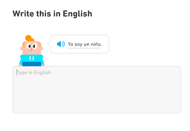A screen shot from a language learning game, asking the player to translate "Yo soy un niño" into English.  