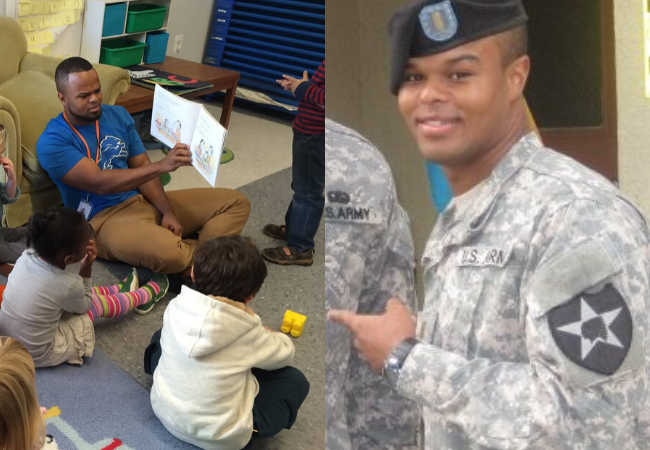 Daris McInnis, left, reading to pre-kindergarten students in Washington, DC, and right, serving in the Army.