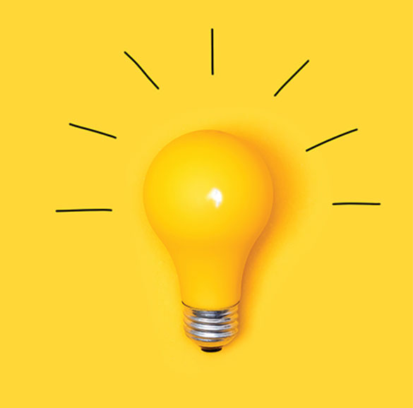 A yellow light bulb appears against a yellow background. Black lines spark outward from the bulb.