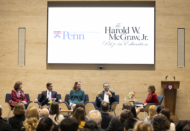 Past McGraw Prize in Education winners, from left, Sarita Brown, Alberto Carvalho, Christine Cunningham, and Chris Lehmann, discuss sustaining innovation in education with Penn GSE Dean Pam Grossman. 