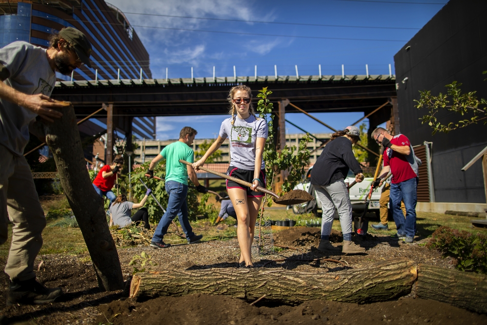 Several people shovel dirt