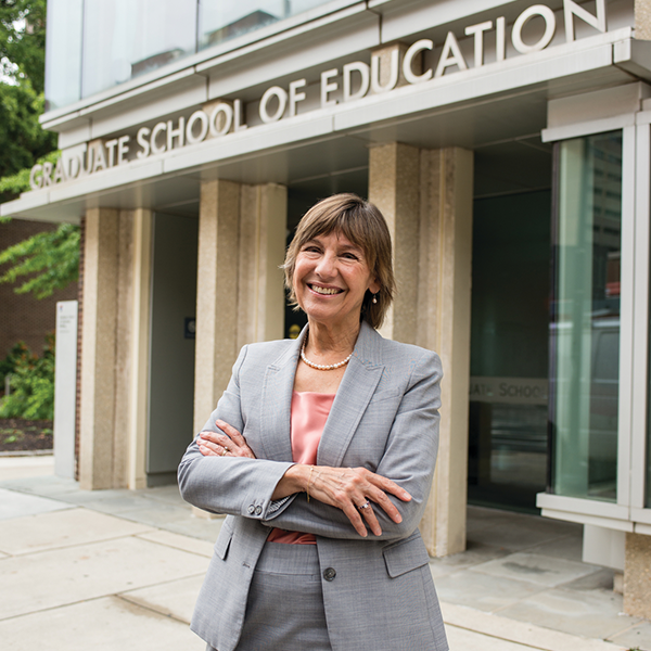 Dean Pam Grossman stands outside the Penn Graduate School of Education.