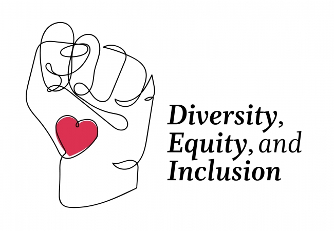 A free-hand digital illustration of a clenched fist containing a bright, red-colored heart. Text says “Diversity, Equity, and Inclusion.”