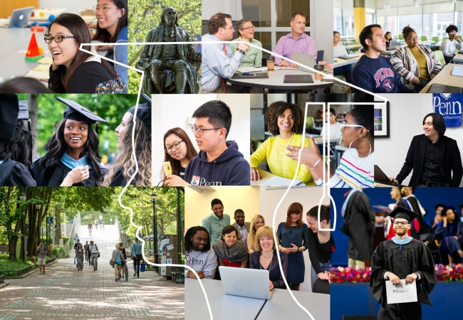 A silhouette of a student’s head in a graduation cap is filled with various images of the Penn GSE building, Penn campus views, students, and faculty. 