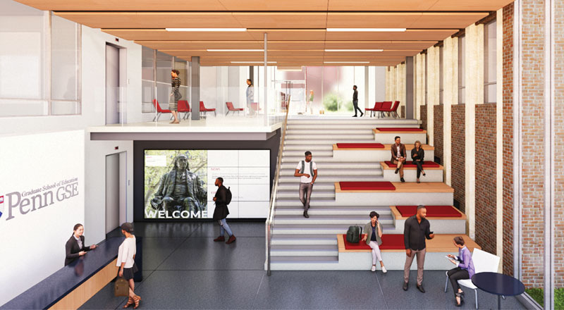 A rendering of the Penn GSE building expansion shows a lobby with a front desk, wide staircase, and spaces where individuals are seated.