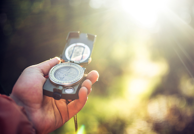 SA hand holds a compass amidst a blurred outdoor background.