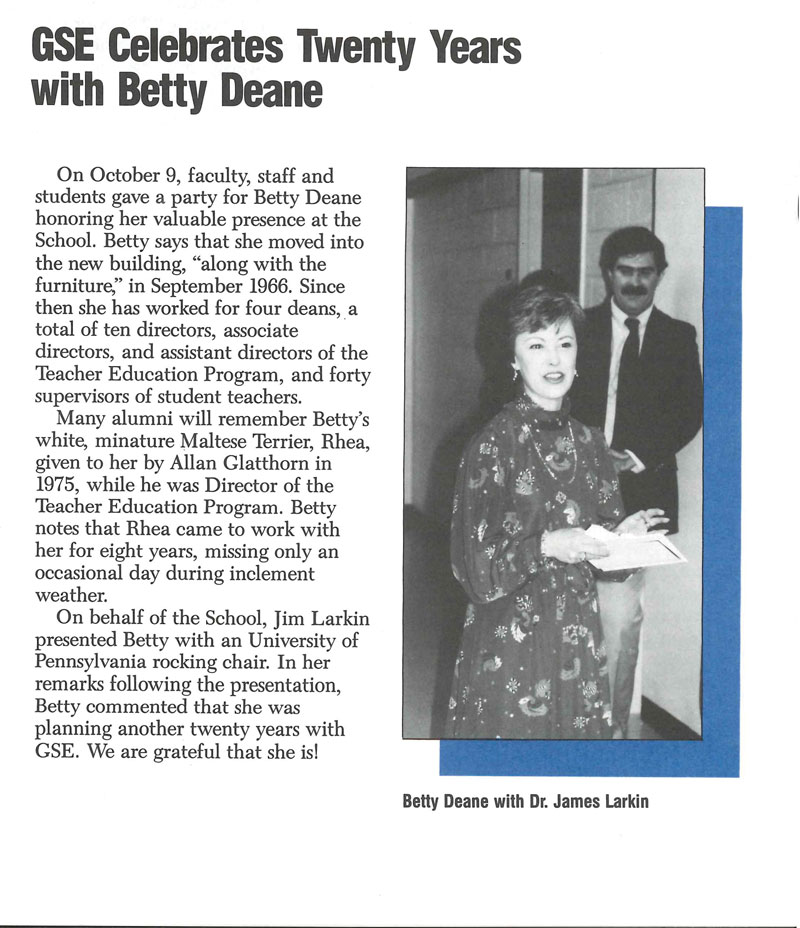 Newspaper clipping of a 1987 article with a black & white image of Betty Deane with Dr. James Larkin. The headline reads “GSE Celebrates Twenty Years with Betty Deane”]