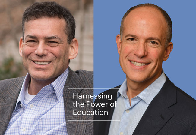 Headshots of David Roberts (left) and Doug Korn (right) appear with a boxed headline that says “Harnessing the Power of Education.”]