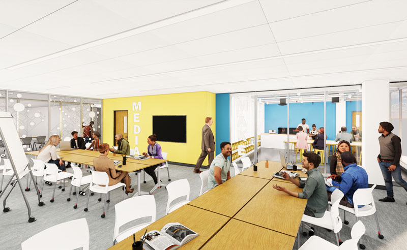Rendering of students interacting at tables in a large classroom with glass walls showing two additional classrooms. The words “media” and “make” appear in large type on the walls of the main room.