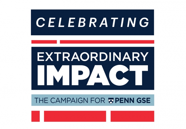 The word “Celebrating” appears in a dark blue horizontal block. Below it is a logo made of dark blue, light blue, and bright red blocks against a white background. The logo reads, “Extraordinary Impact: The Campaign for Penn GSE.”