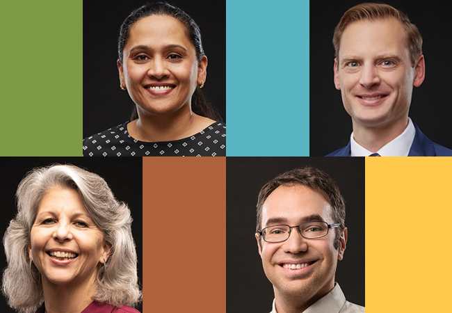 Headshots of faculty members Betty Chandy, Zachary Herrmann, Caroline Watts, and Ryan Baker are separated by colorful rectangles