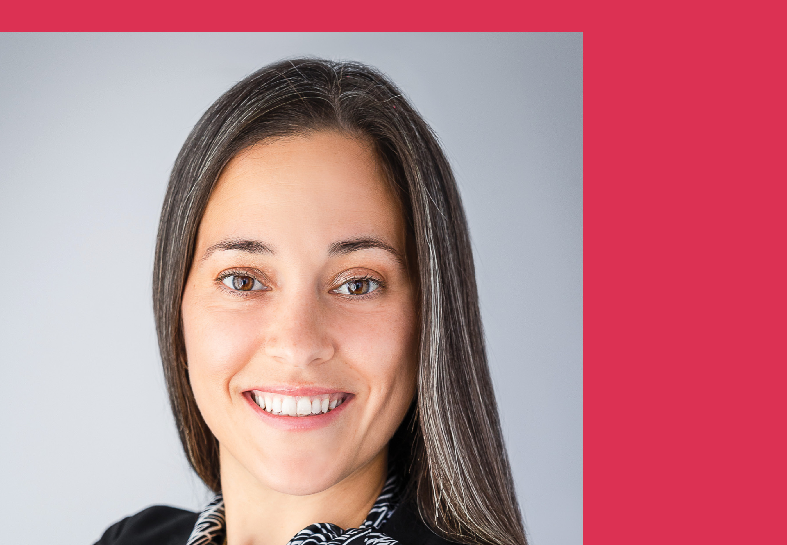 Headshot of Laura Peynado Castro with a red frame on two sides.