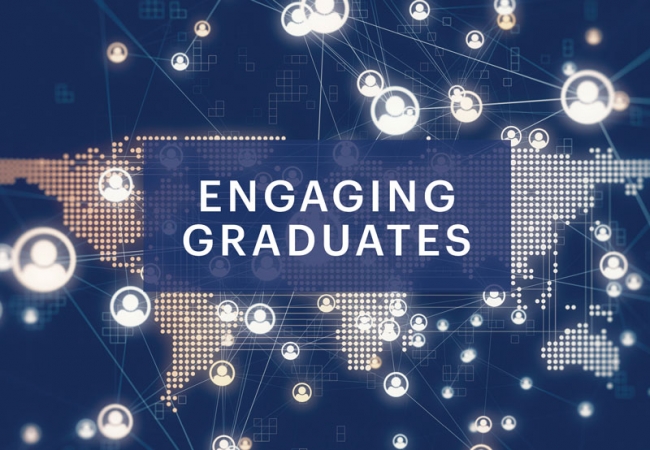 A digital world map lit up by several points of light against a navy blue background. Icons symbolizing people are linked by beams across the map and beyond. A headline reads, “Engaging Graduates.”