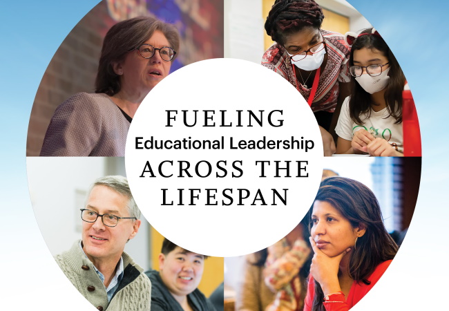 A disc with four images of educators and students with the title “Fueling Educational Leadership Across The Lifespan” in the center.