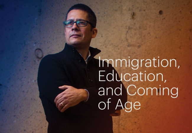 Profile shot shows Dr. Roberto Gonzales with hands crossed and looking over his right shoulder, against a gradient backdrop with blue and red color tones. White text on the image reads, “Immigration, Education, and Coming of Age.”]