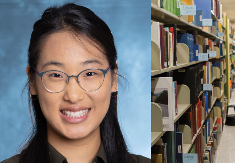 Headshot of Anna Kim next to an image of two long shelves stacked with books in a library
