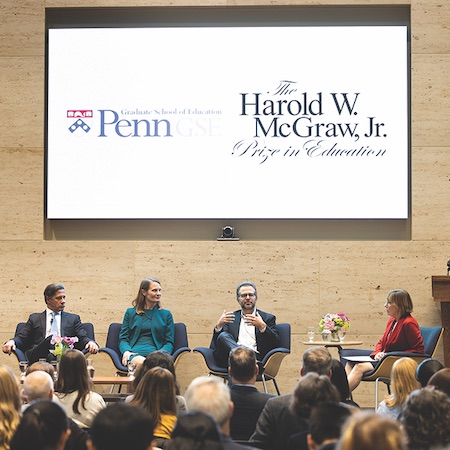 Past McGraw Prize in Education winners, from left, Sarita Brown, Alberto Carvalho, Christine Cunningham, and Chris Lehmann, discuss sustaining innovation in education with Penn GSE Dean Pam Grossman.