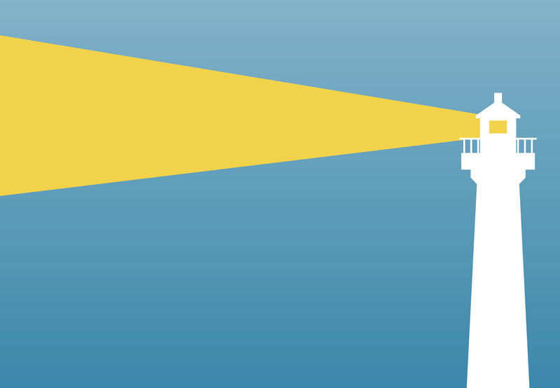 A lighthouse shines a yellow beam against a blue background
