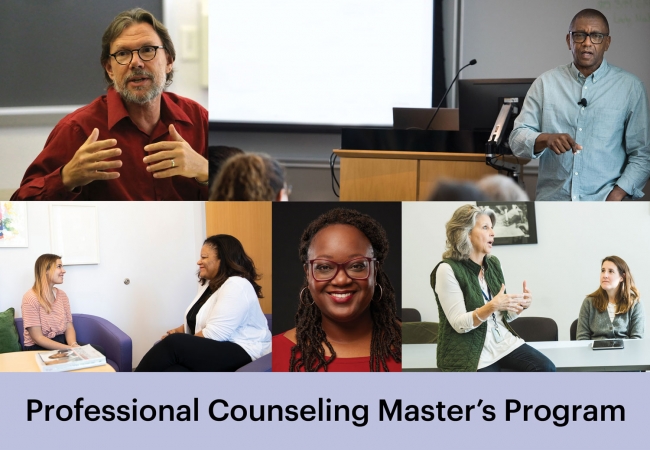 Faculty appear in clasrooms in five tiled images. A lavender bar across the bottom reads, “Professional Counseling Master’s Program.”