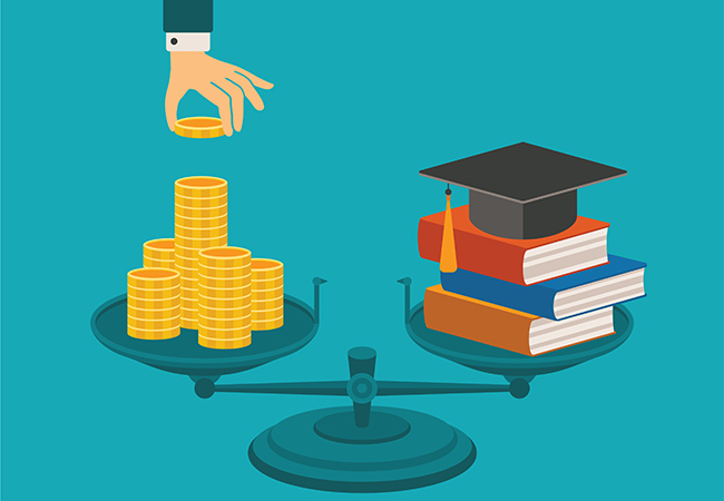 Drawing of a hand placing coins on one side of a balanced scale with textbooks and a graduation cap on the other side