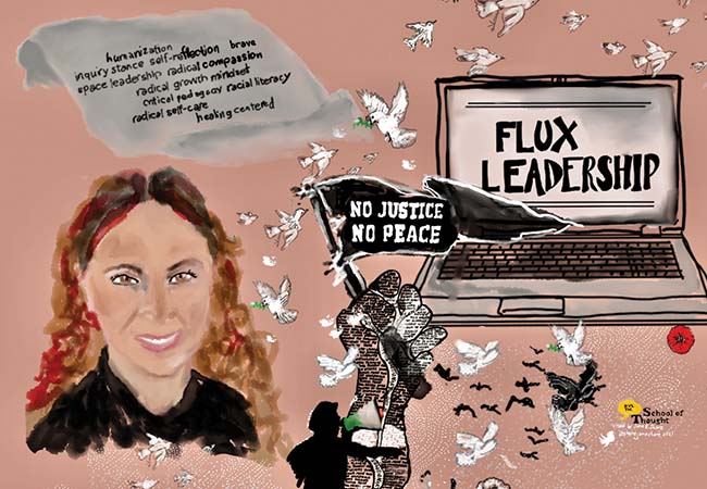 A collage-style illustration shows a portrait of faculty member Sharon Ravitch, a laptop with the words “Flux Leadership” on the screen, doves, a fist holding a pennant with the words “No justice no peace,” and a document listing the components of the flux leadership approach.