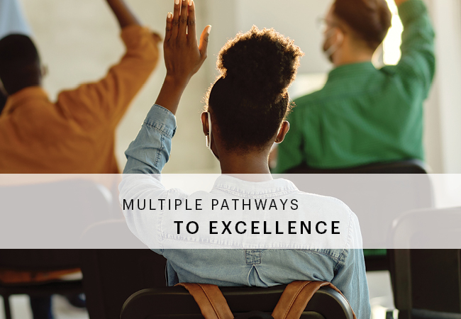 A view behind several students in a classroom, each with a raised hand. Text reads “Multiple Pathways to Excellence.”
