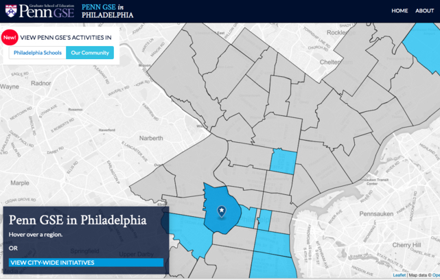 A screenshot of an interactive map of Philadelphia with different regions color-coded