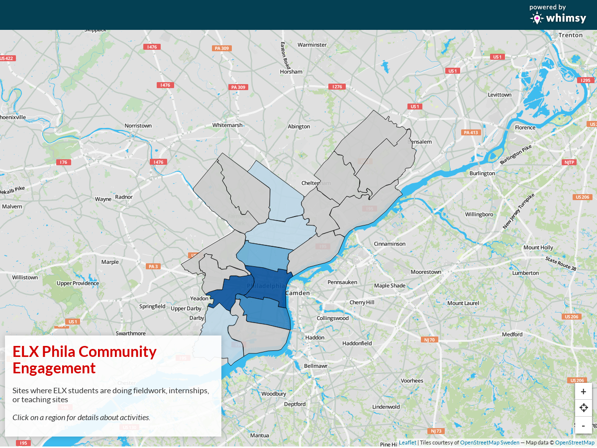 A screenshot of an interactive map of Philadelphia with different regions color-coded