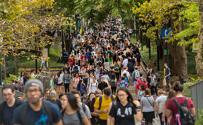 An overhead shot of a crowd of students on Locust walk