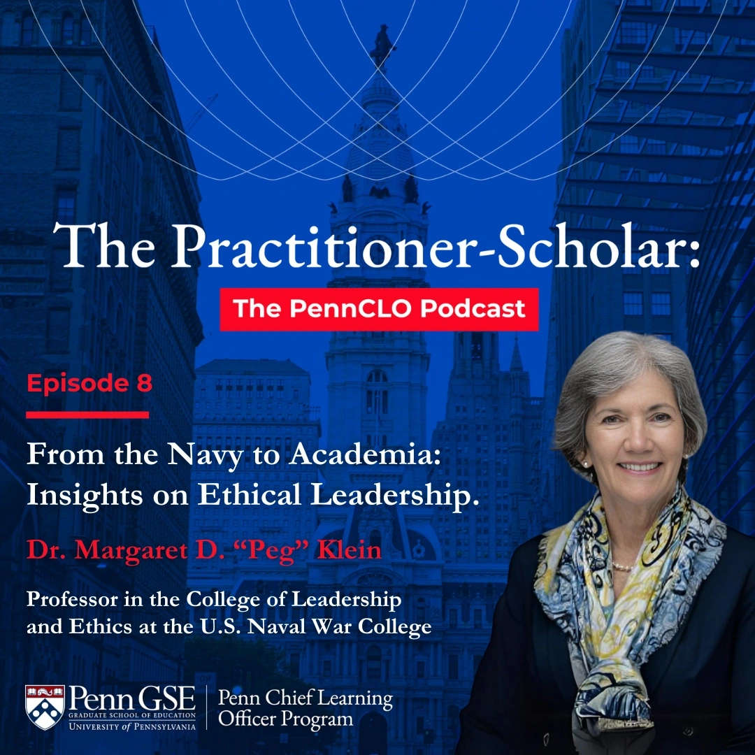 Cover artwork for PennCLO podcast episode 8 featuring an image of Dr. Peg Klein against a blue background