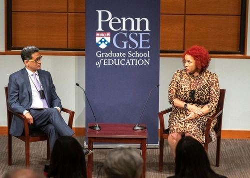 Penn GSE's Rand Quinn discusses the presentation with Nikole Hannah-Jones.