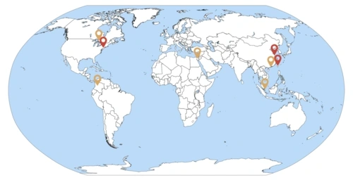 Map of the world with pins on the locations of the international partners.