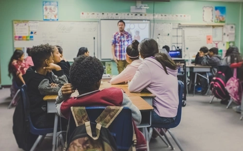 Teacher in front of class and group of students looking at teacher.