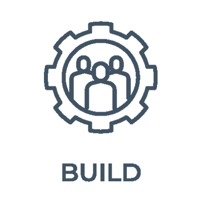 Blue icon of three people surrounded by a gear with "BUILD" written below