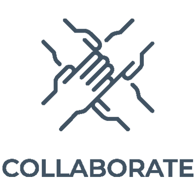 Blue outline of four hands stacked on top of each other with "COLLABORATE" written below