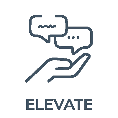 Icon of a blue outline of an open hand holding two speech bubbles with "ELEVATE" written below