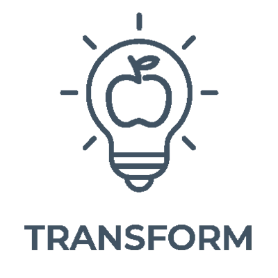 Icon of blue outline of a lightbulb with an apple inside with "TRANSFORM" written below