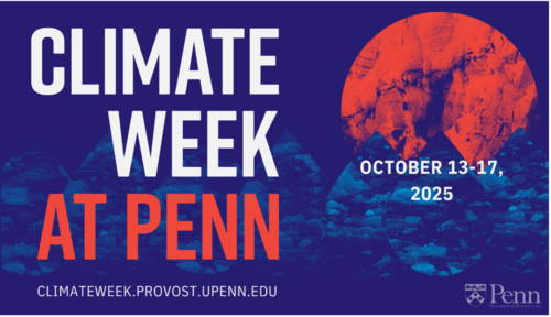 Climate Week at Penn poster featuring a patterned red sun rising over a row of patterned blue water droplets, a Penn logo watermark, and the website and event dates October 13–17, 2025, climateweek.provost.upenn.edu
