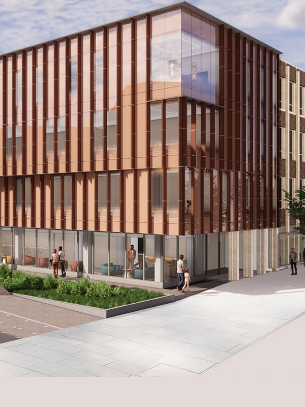 : Rendering of the 3700 Walnut Street building with a four-story addition of wood and glass. The addition extends the building out towards the 37th Street Walk and also extends it back to connect to Stiteler Hall.