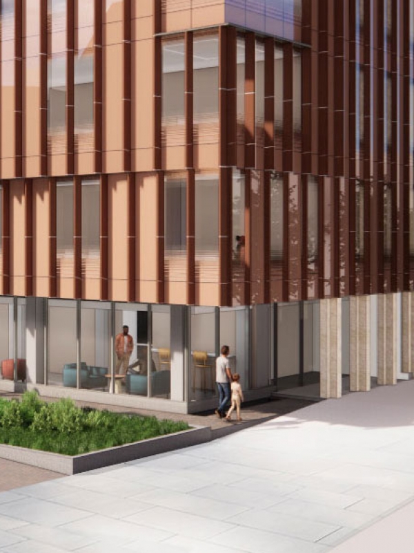 Rendering of the 3700 Walnut Street building with a four-story addition of wood and glass. The addition extends the building out towards the 37th Street Walk and also extends it back to connect to Stiteler Hall.
