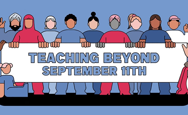 Racially diverse group of people holding a banner that reads Teaching Beyond September 11th.