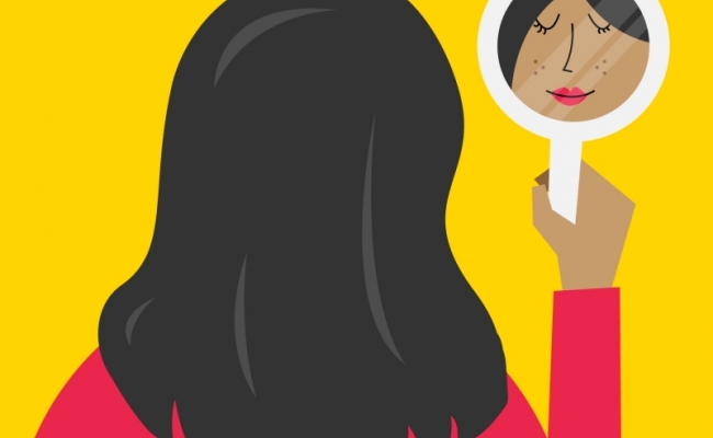 An illustration of a woman looking at herself in a handheld mirror against a bright yellow background.