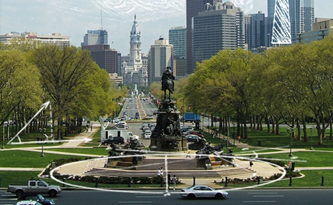 Philadelphia's skyline marked up with mathematical symbols.