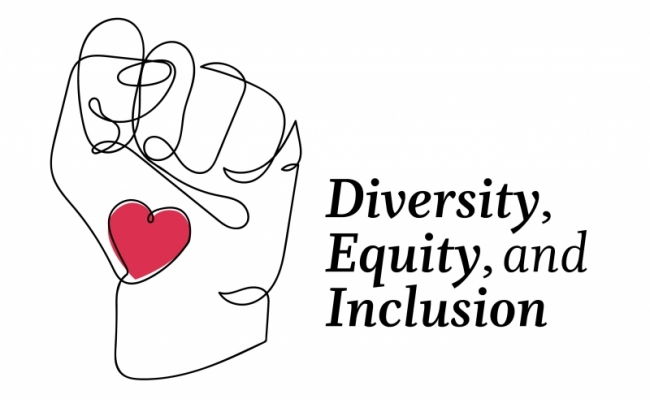 A free-hand digital illustration of a clenched fist containing a bright, red-colored heart. Text says “Diversity, Equity, and Inclusion.”