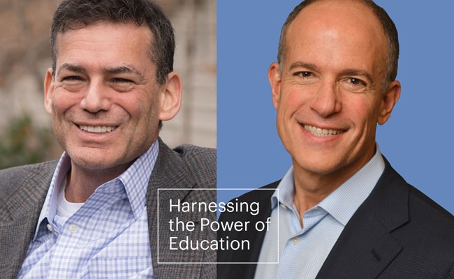 Headshots of David Roberts (left) and Doug Korn (right) appear with a boxed headline that says “Harnessing the Power of Education.”]